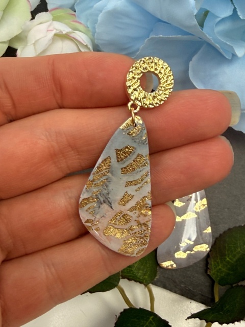 Kolczyki "Agat Różany"|HandMade|Glina Polimerowa|Szary Róż & Bogate Złoto