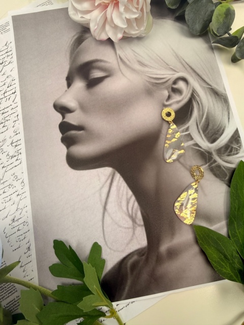 Kolczyki "Agat Różany"|HandMade|Glina Polimerowa|Szary Róż & Bogate Złoto