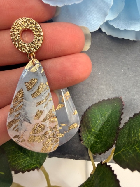 Kolczyki "Agat Różany"|HandMade|Glina Polimerowa|Szary Róż & Bogate Złoto