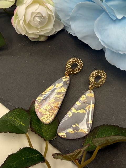 Kolczyki "Agat Różany"|HandMade|Glina Polimerowa|Szary Róż & Bogate Złoto