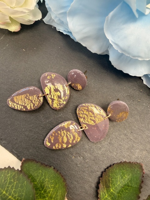 Kolczyki Cascade Fiolet& Złoto |Rękodzieło Glina Polierowa