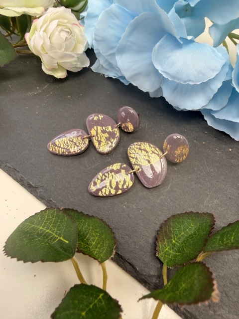 Kolczyki Cascade Fiolet& Złoto |Rękodzieło Glina Polierowa