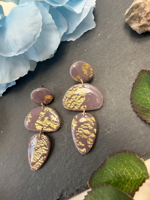 Kolczyki Cascade Fiolet& Złoto |Rękodzieło Glina Polierowa