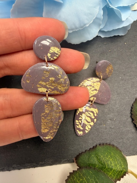 Kolczyki Cascade Fiolet& Złoto |Rękodzieło Glina Polierowa