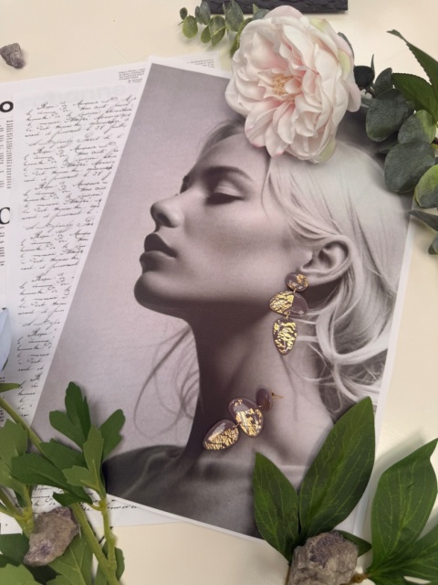 Kolczyki Cascade Fiolet& Złoto |Rękodzieło Glina Polierowa