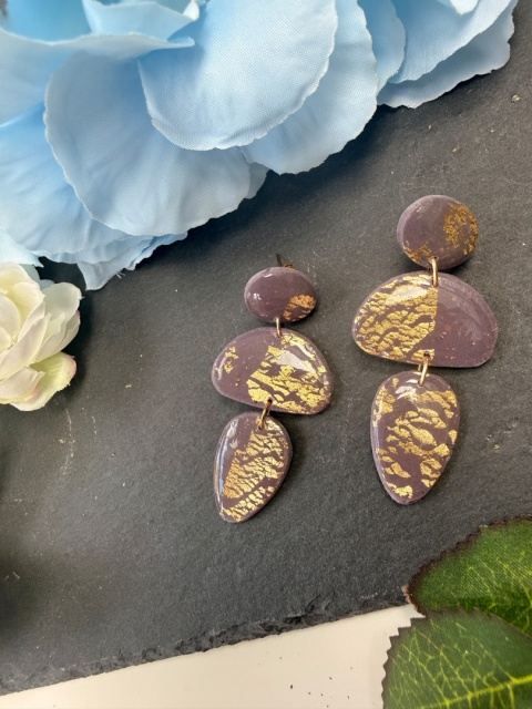 Kolczyki Cascade Fiolet& Złoto |Rękodzieło Glina Polierowa