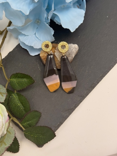 Kolczyki Handmade "Shadow & Amber"|Glina|Czerń,Nude&Złoty Musztardowy