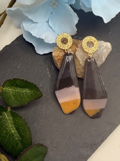 Kolczyki Handmade "Shadow & Amber"|Glina|Czerń,Nude&Złoty Musztardowy