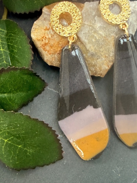 Kolczyki Handmade "Shadow & Amber"|Glina|Czerń,Nude&Złoty Musztardowy