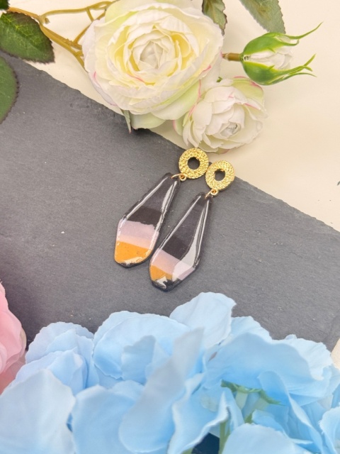 Kolczyki Handmade "Shadow & Amber"|Glina|Czerń,Nude&Złoty Musztardowy