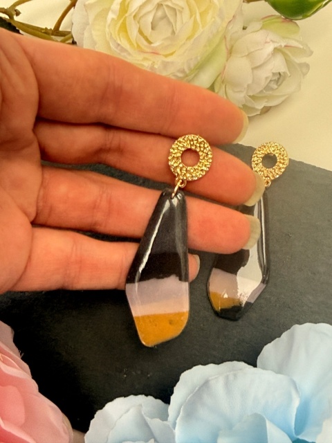 Kolczyki Handmade "Shadow & Amber"|Glina|Czerń,Nude&Złoty Musztardowy