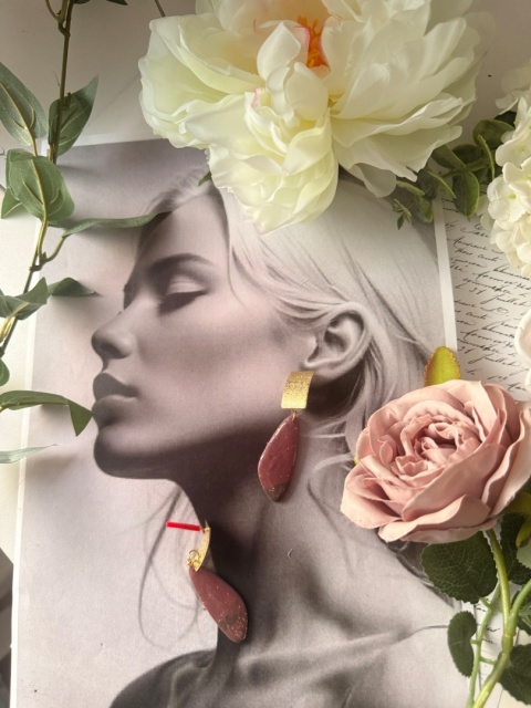 Kolczyki "Rubinowa Plaża"|RękodziełoGlinaPolimerow | Bordowy Kamień & Złoty