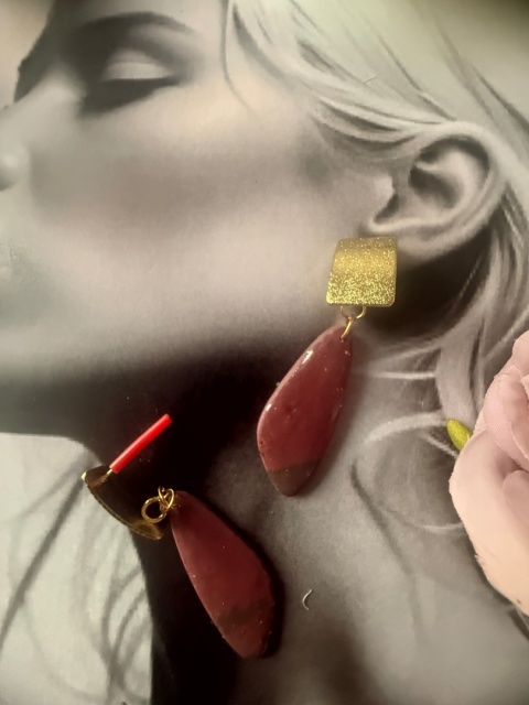 Kolczyki "Rubinowa Plaża"|RękodziełoGlinaPolimerow | Bordowy Kamień & Złoty