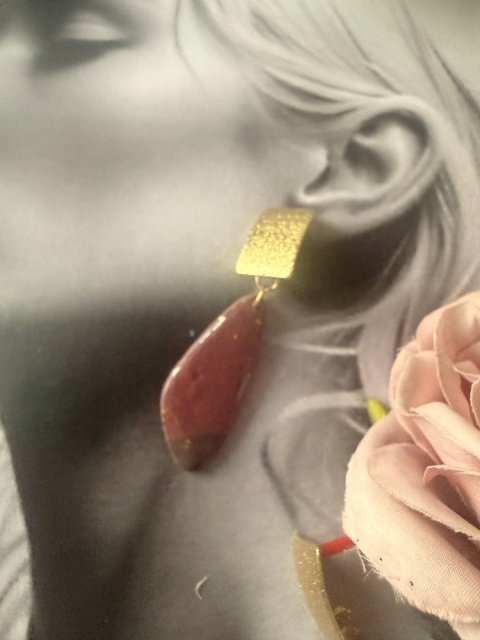 Kolczyki "Rubinowa Plaża"|RękodziełoGlinaPolimerow | Bordowy Kamień & Złoty