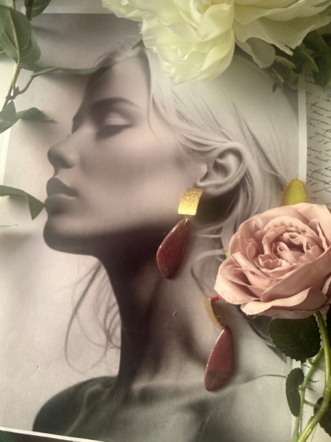 Kolczyki "Rubinowa Plaża"|RękodziełoGlinaPolimerow | Bordowy Kamień & Złoty