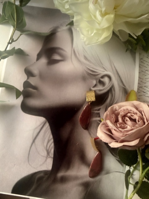 Kolczyki "Rubinowa Plaża"|RękodziełoGlinaPolimerow | Bordowy Kamień & Złoty