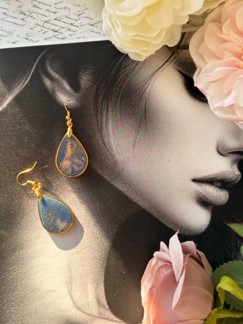 Kolczyki "Złote Łezki" Królewski Błękit | Złoty Wzór Kwiatowy | Vintage