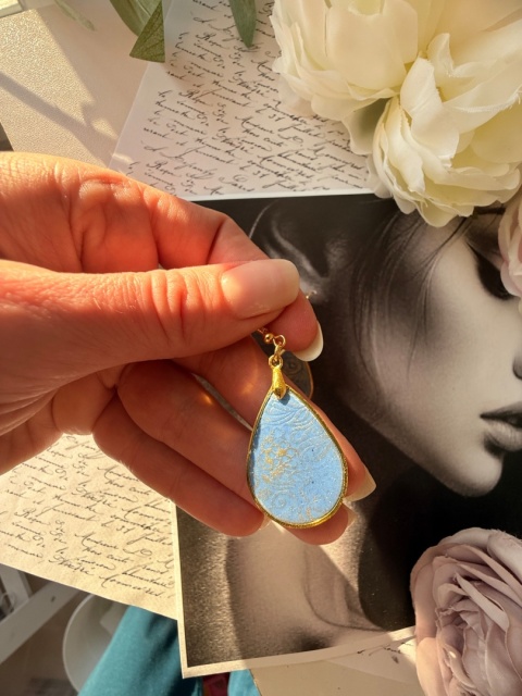 Kolczyki "Złote Łezki" Królewski Błękit | Złoty Wzór Kwiatowy | Vintage