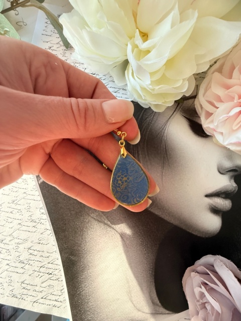 Kolczyki "Złote Łezki" Królewski Błękit | Złoty Wzór Kwiatowy | Vintage