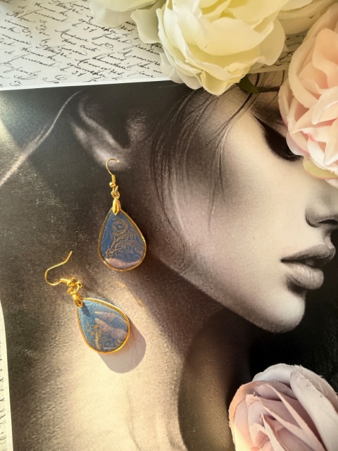 Kolczyki "Złote Łezki" Królewski Błękit | Złoty Wzór Kwiatowy | Vintage