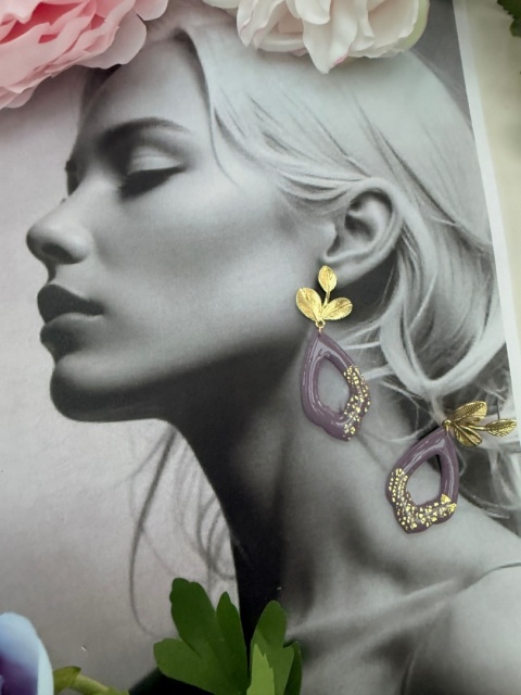 Ręcznie Robione Kolczyki "Lawendowy Liść" |Glina Polimerowa |Ażurowa Kropla