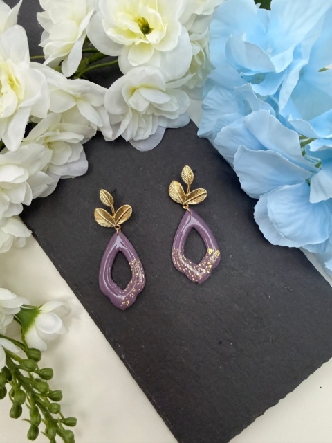 Ręcznie Robione Kolczyki "Lawendowy Liść" |Glina Polimerowa |Ażurowa Kropla