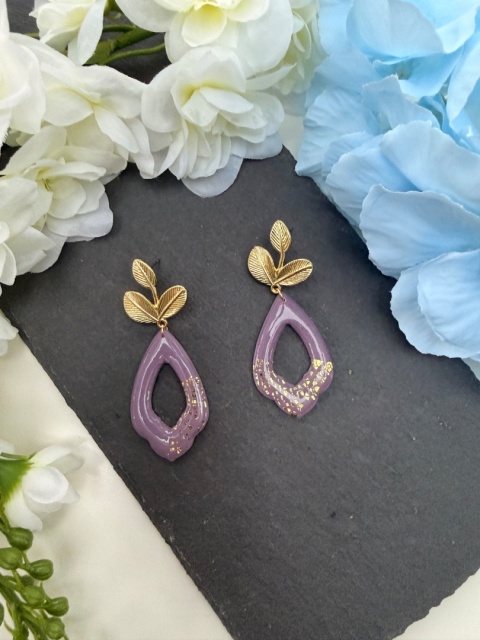 Ręcznie Robione Kolczyki "Lawendowy Liść" |Glina Polimerowa |Ażurowa Kropla