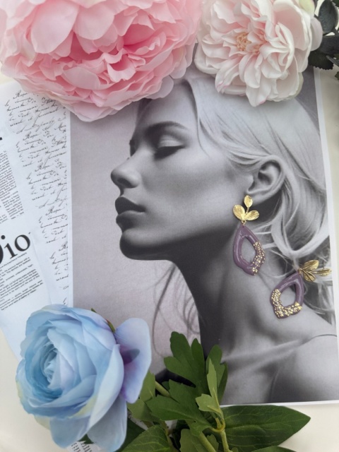 Ręcznie Robione Kolczyki "Lawendowy Liść" |Glina Polimerowa |Ażurowa Kropla