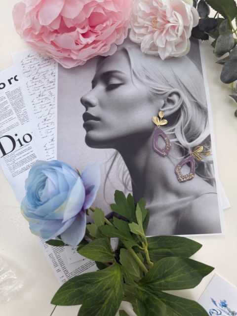 Ręcznie Robione Kolczyki "Lawendowy Liść" |Glina Polimerowa |Ażurowa Kropla