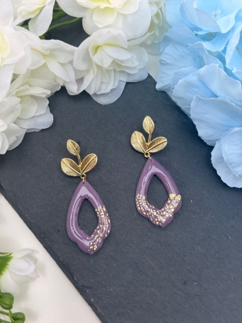 Ręcznie Robione Kolczyki "Lawendowy Liść" |Glina Polimerowa |Ażurowa Kropla