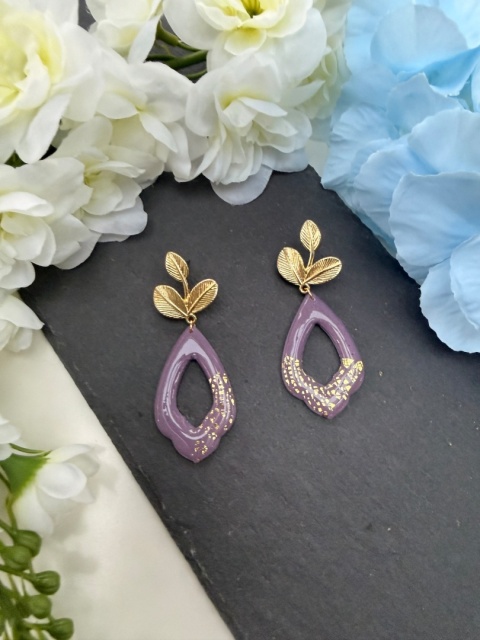 Ręcznie Robione Kolczyki "Lawendowy Liść" |Glina Polimerowa |Ażurowa Kropla