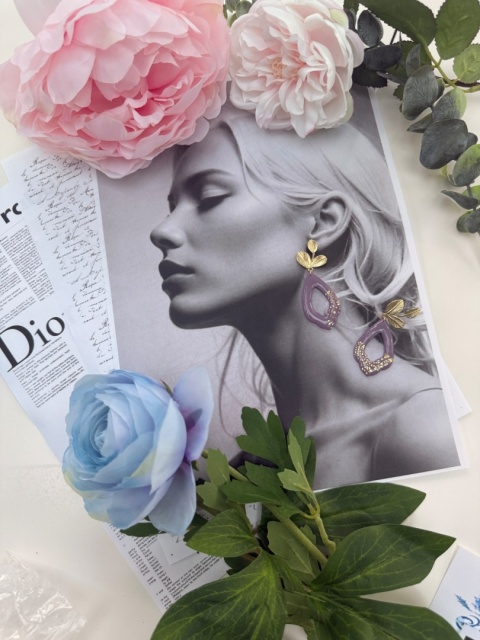 Ręcznie Robione Kolczyki "Lawendowy Liść" |Glina Polimerowa |Ażurowa Kropla