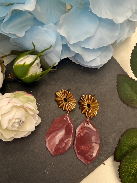 Kolczyki BORDOWY MARMUR & ZŁOTY KWIAT|Rękodzieło Glina Polimerowa|Luksusowa