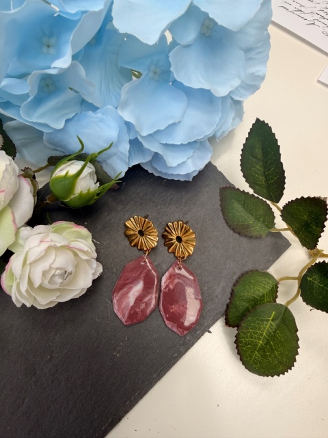 Kolczyki BORDOWY MARMUR & ZŁOTY KWIAT|Rękodzieło Glina Polimerowa|Luksusowa