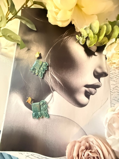 Kolczyki "Szałwiowy Listek"|Miętowa Szałwia & Złota Mandala| Styl Boho-Chic