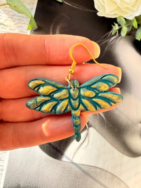 Artystyczne Kolczyki "Złocista Ważka" |Rękodzieło|Turkus & Złoto|Lekkość
