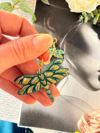 Artystyczne Kolczyki "Złocista Ważka" |Rękodzieło|Turkus & Złoto|Lekkość