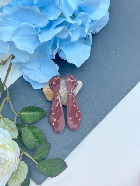 Ręcznie Robione Kolczyki "Burgund & Złoto" | Glina Polimerowa