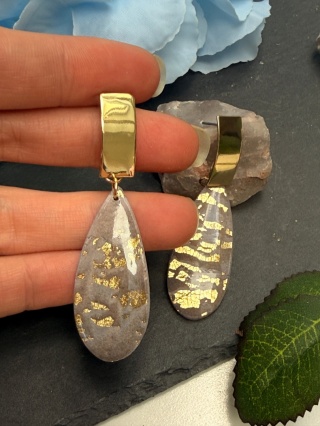 Ręcznie Robione Kolczyki "Kropla Glamour Taupe"|Glina Polimerowa & Złoto