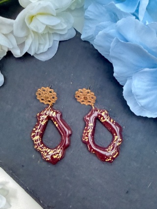 Ręcznie Robione Kolczyki"Bordowa Koronka"|Glina Polimerowa|Ażurowy Kształt