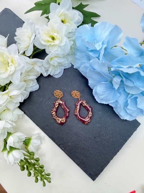 Ręcznie Robione Kolczyki"Bordowa Koronka"|Glina Polimerowa|Ażurowy Kształt