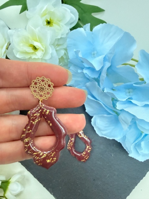 Ręcznie Robione Kolczyki"Bordowa Koronka"|Glina Polimerowa|Ażurowy Kształt