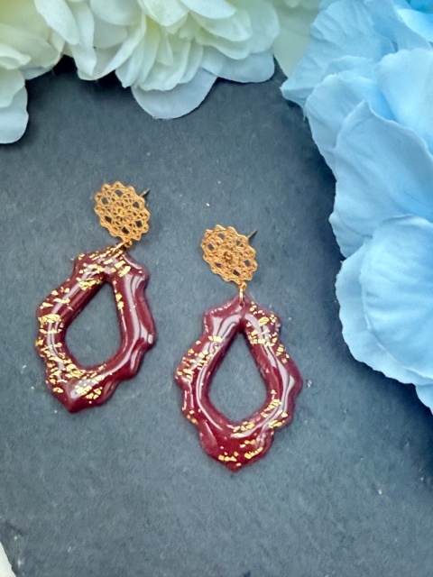 Ręcznie Robione Kolczyki"Bordowa Koronka"|Glina Polimerowa|Ażurowy Kształt