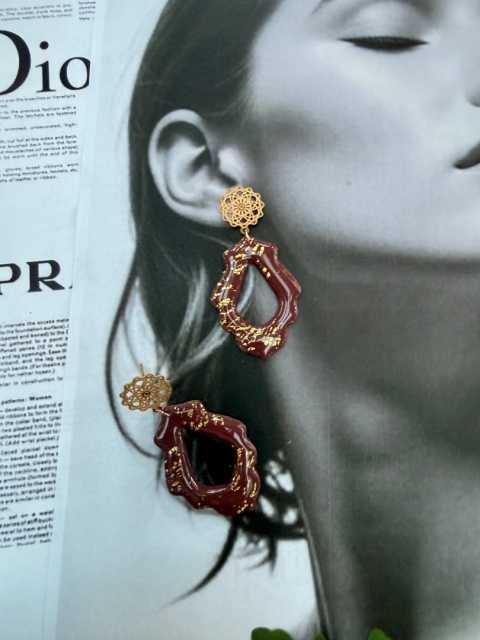 Ręcznie Robione Kolczyki"Bordowa Koronka"|Glina Polimerowa|Ażurowy Kształt