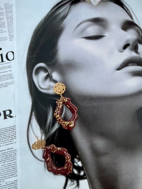 Ręcznie Robione Kolczyki"Bordowa Koronka"|Glina Polimerowa|Ażurowy Kształt