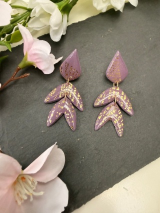 Unikatowe Kolczyki Kaskadowe "Lawendowe Złoto"HandMade z Gliny Polimerowej