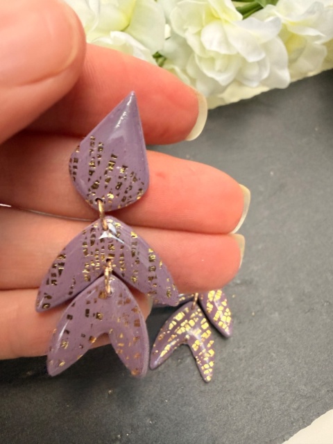 Unikatowe Kolczyki Kaskadowe "Lawendowe Złoto"HandMade z Gliny Polimerowej